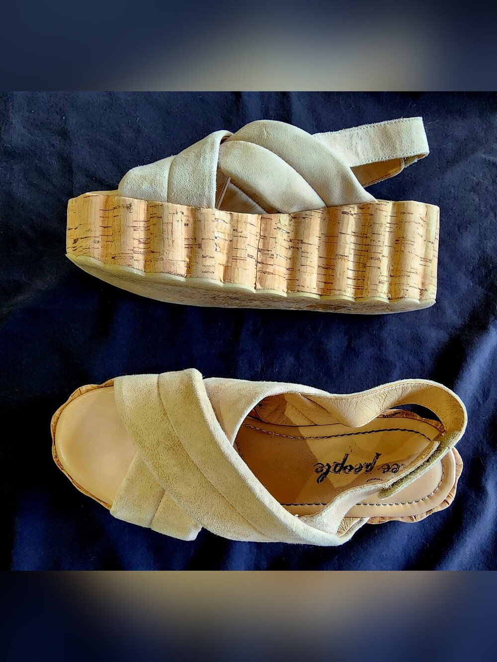 FREE PEOPLE | Beige Suede Crisscross Cork Platform Sandals | Size US Womens 8.5 - Picture 5 of 9